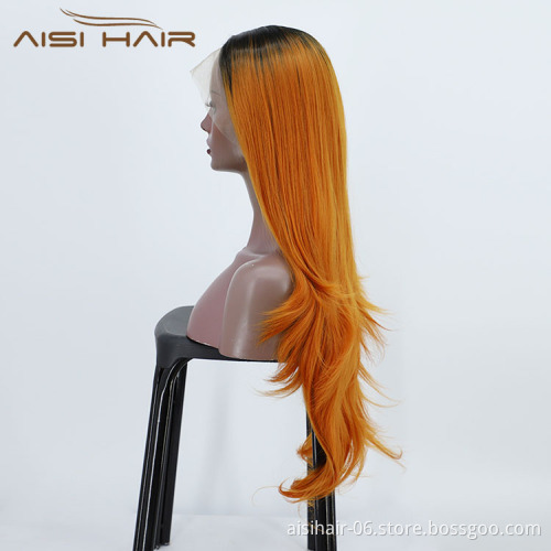 Aisi Hair Wholesale Vendor Body Wave Curly Long Wavy Ombre Orange Lace Frontal Synthetic Hair For Black Women Lace Front Wig